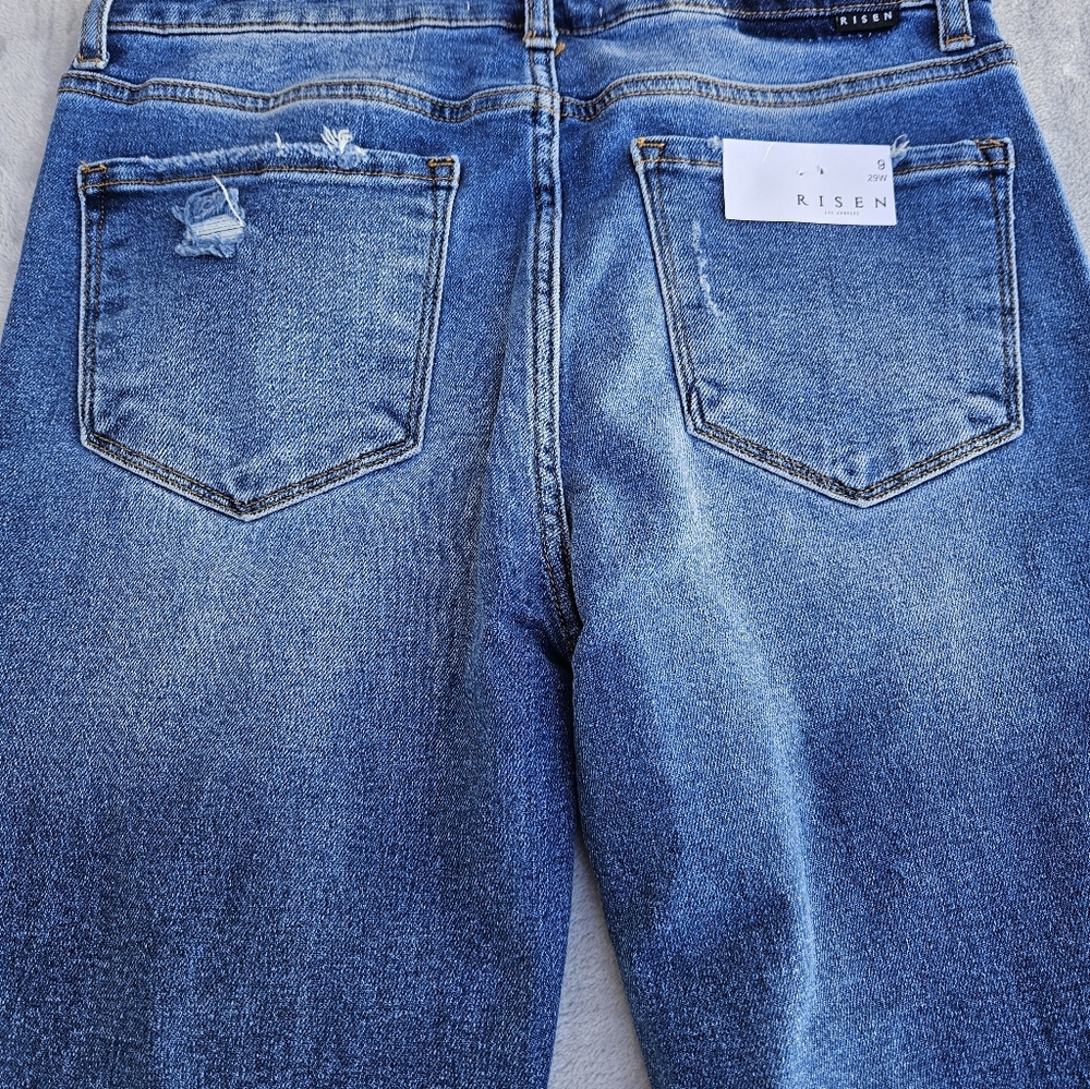 Risen High Rise Flare Cropped Button Fly Medium Wash 5 Pocket Jeans 9/29 - Picture 5 of 14